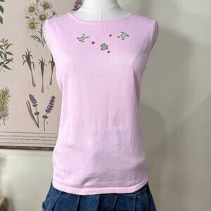 Y2k Pink Sleeveless Embroidered Frog Knit Top Grandma Whimsy Twee Novelty 2010 L